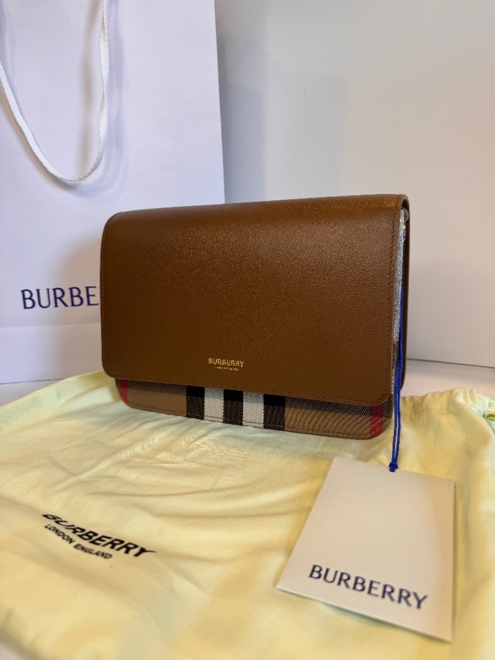 NWT Burberry Mackford House Check Crossbody Bag – Brown Leather